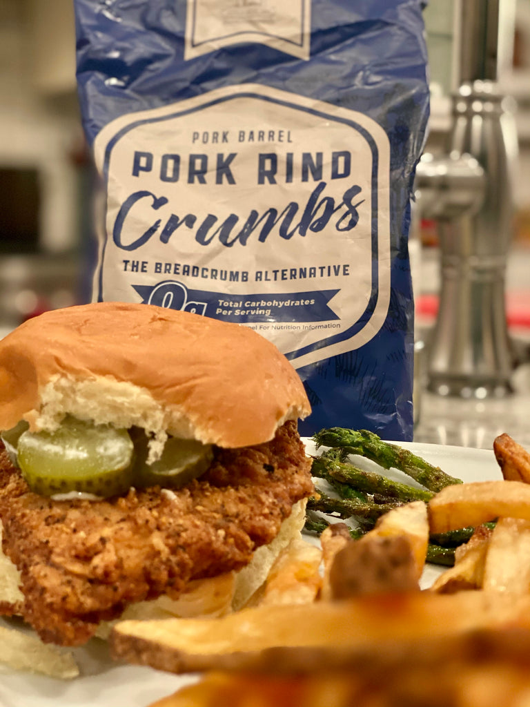 A photo of a bag of pork crumbs and a sandwich coated with the pork crumbs